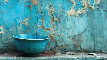ai généré bleu bol repose un haut une fissuré mur orné avec peeling peindre textures. ai généré. photo