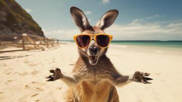 ai généré expérience le intensité de un kangourou saut sur le plage dans une étourdissant fermer photo, ai généré. photo