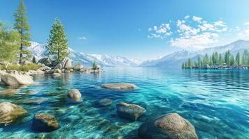 ai généré panoramique vue de le serein Montagne Lac Tahoe, où le Azur des eaux rencontrer le majestueux Montagne gamme, ai généré photo