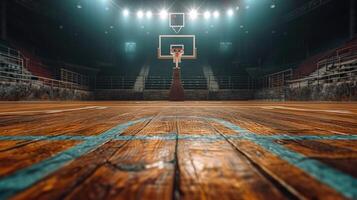 ai généré côté vue avec cerceau, tribune, et bois parquet. travail en équipe ambiance, ai généré. photo