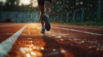 ai généré la personne fonctionnement sur une piste, l'eau gouttes dans mouvement. énergique vitalité, ai généré. photo