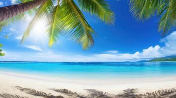 ai généré une tropical plage vue sous balancement palmiers. ai généré photo