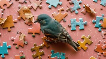 ai généré mignonne oiseau absorbé dans une scie sauteuse puzzle, ajouter une capricieux touche, ai généré. photo