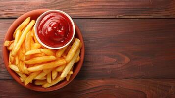 ai généré Haut vue de croustillant français frites ou Patate frites avec une cuillerée de ketchup, ai généré. photo