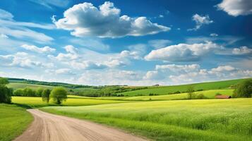 ai généré une magnifique paysage se déroule avec une route enroulement par des champs en dessous de une bleu ciel orné avec duveteux des nuages. ai généré. photo