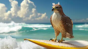 ai généré une mignonne faucon surfeur jouit une amusant été journée à le plage, équitation vagues avec enthousiasme, ai généré. photo