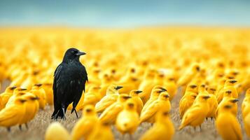 ai généré noir oiseau des stands dans de face de une grand groupe de Jaune des oiseaux, une frappant contraste, ai généré. photo