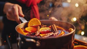 ai généré une femme prépare traditionnel Réchauffé du vin dans une pot avec Orange tranches et épices, ai généré. photo