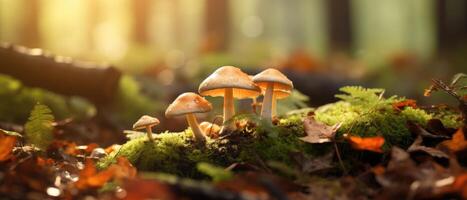 ai généré fermer coup capture une champignon au milieu de feuilles dans une magnifique l'automne forêt scène, ai généré. photo