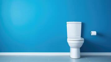 ai généré isolé, lisse blanc toilette contre vibrant bleu mur dans minimaliste salle de bains. moderne simplicité, ai généré. photo