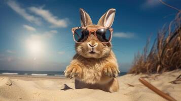 ai généré animé lapin le houblon sur le plage, sportif charmant des lunettes de soleil, une capricieux bord de mer escapade, ai généré. photo