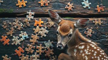 ai généré mignonne cerf absorbé dans une scie sauteuse puzzle, ajouter une capricieux touche, ai généré. photo