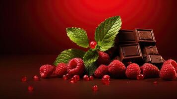 ai généré dynamique Chocolat éclaboussure, framboises, menthe sur une riches rouge toile de fond. tentant indulgence, ai généré. photo