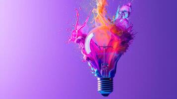 ai généré imaginatif concept avec une coloré ampoule ouvré de liquide peindre sur une vibrant violet arrière-plan, ai généré. photo