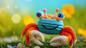 ai généré crocheté Crabe jouet vibrant toile de fond, fabriqués à la main et adorable, ai généré photo