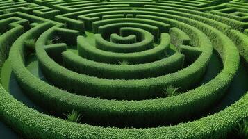 ai généré traverser par une vibrant vert Labyrinthe de premier plan à une circulaire centre, ai généré. photo