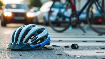 ai généré une vélo casque repose sur chaussée à côté de une vélo dans le ville. Urbain juxtaposition, ai généré. photo