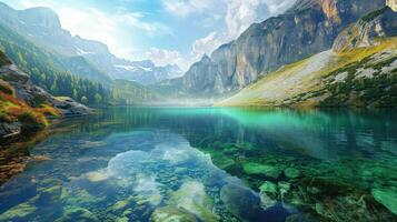 ai généré panoramique vue de le serein Montagne Lac Tahoe, où le Azur des eaux rencontrer le majestueux Montagne gamme, ai généré photo