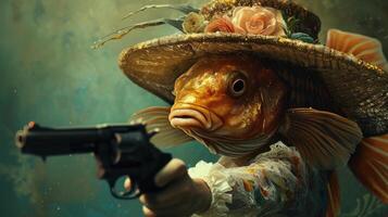 ai généré une capricieux poisson ange portant une chapeau, agrippant une pistolet avec une excentrique et espiègle comportement, ai généré. photo