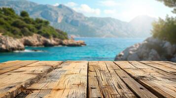 ai généré un vide en bois tableau, une tranquille organiser, avec une flou vue de une grec îles littoral, ai généré. photo