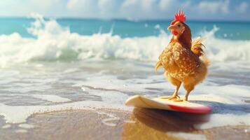 ai généré une mignonne poulet surfeur jouit une amusant été journée à le plage, équitation vagues avec enthousiasme, ai généré. photo