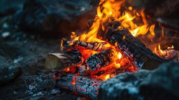 ai généré fermer de feu de camp contre foncé toile de fond, rayonnant chaleur et confort. ai généré photo