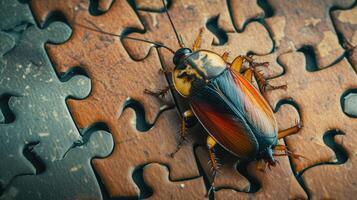 ai généré mignonne cafard absorbé dans une scie sauteuse puzzle, ajouter une capricieux touche, ai généré. photo