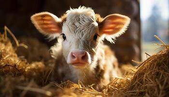 ai généré mignonne vache pâturage sur vert herbe dans ensoleillé Prairie généré par ai photo