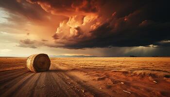 ai généré le coucher du soleil plus de rural cultiver, Prairie balles, d'or blé, spectaculaire ciel généré par ai photo