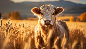 ai généré mignonne vache pâturage sur une paisible Prairie à le coucher du soleil généré par ai photo