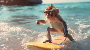 ai généré une mignonne singe surfeur jouit une amusant été journée à le plage, équitation vagues avec enthousiasme, ai généré. photo