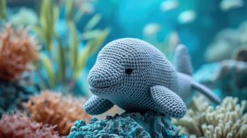 ai généré crocheté dugong jouet vibrant toile de fond, fabriqués à la main et adorable, ai généré photo