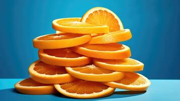 ai généré Frais Orange tranches sur vibrant bleu. une éclater de agrumes, ai généré. photo