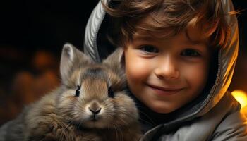 ai généré souriant enfant détient duveteux bébé lapin, pur innocence et joie généré par ai photo