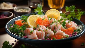ai généré Frais Fruit de mer repas gourmet poisson filet, citron tranche, en bonne santé salade généré par ai photo