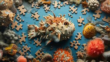 ai généré capricieux Haut vue de une mignonne poisson-globe résolution une scie sauteuse puzzle, charmant et unique. ai généré photo