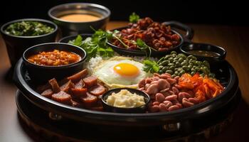 ai généré grillé porc steak avec Frais tomate et légume salade généré par ai photo