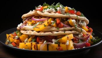 ai généré grillé Viande, tomate, oignon, et guacamole sur une taco assiette généré par ai photo