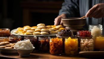 ai généré Fait main poterie boules sur table dans atelier, Créatif artisan travail généré par ai photo