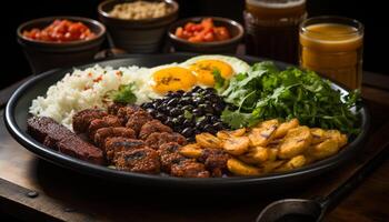 ai généré grillé Viande, Frais salade, et fait maison sauce sur rustique assiette généré par ai photo