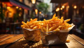 ai généré gourmet repas français frites, Profond frit, croquant, grillé Viande empiler généré par ai photo