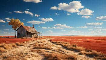 ai généré tranquille prairie, Jaune blé, bleu ciel, vieux ferme, rustique beauté généré par ai photo