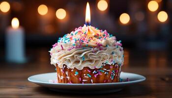 ai généré anniversaire gâteau avec Chocolat glaçage et coloré décorations sur table généré par ai photo