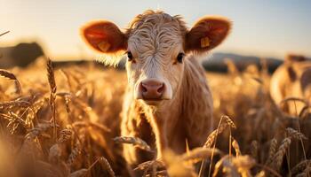 ai généré mignonne vache pâturage sur vert Prairie en dessous de le été Soleil généré par ai photo