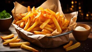 ai généré fraîcheur et croquer dans une proche en haut de fait maison français frites généré par ai photo