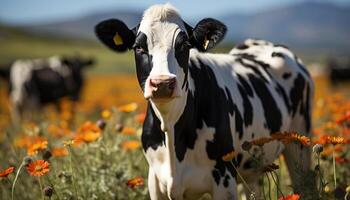 ai généré mignonne vache pâturage sur vert Prairie dans magnifique été paysage généré par ai photo