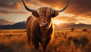 ai généré vache pâturage dans une magnifique le coucher du soleil Prairie sur une ferme généré par ai photo