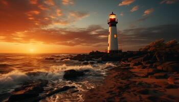 ai généré le coucher du soleil plus de le littoral, vagues crash sur tranquille des eaux généré par ai photo