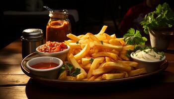 ai généré fraîchement grillé Viande et frites sur une en bois table généré par ai photo