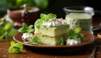 ai généré Frais menthe feuille améliore le gourmet dessert sur en bois assiette généré par ai photo